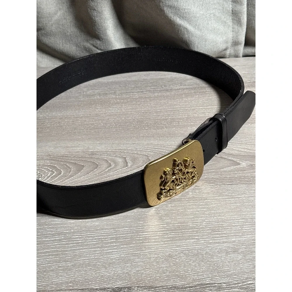 Lauren Ralph Lauren Black Leather Belt Gold Lion Crest Trophy Buckle Designer